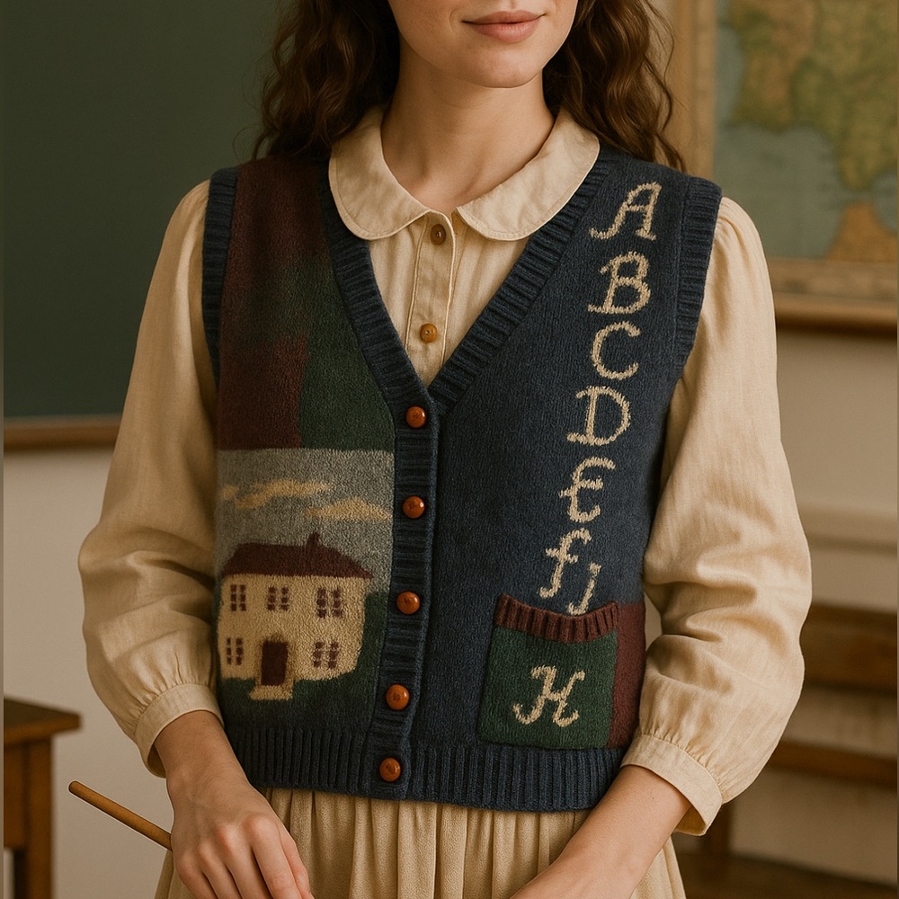 Woolrich Vintage Wool Knit Sweater Vest Schoolhouse Alphabet Design Size L